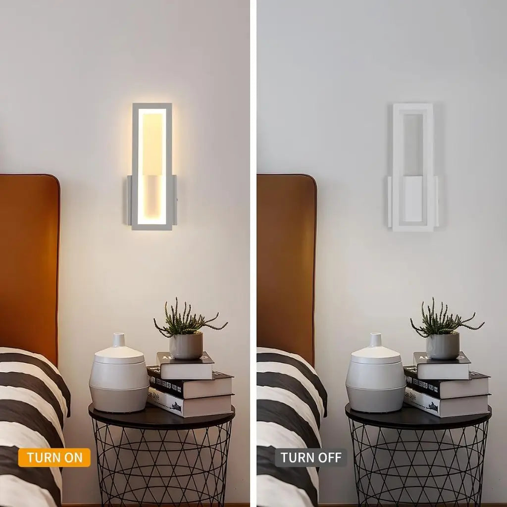 Wall LED light shown turned on and off, with white frame and acrylic panel