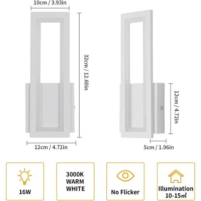 Wall LED light with rectangular acrylic panel and metal base, size diagram