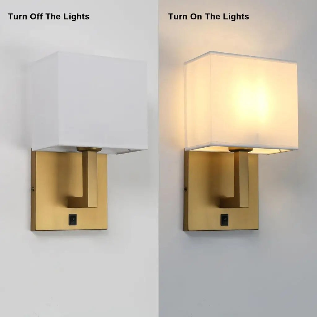 Wall sconce shown off and on: white fabric shade over antique gold base