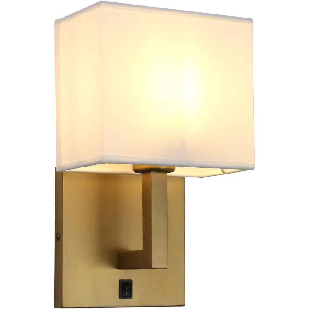 Antique gold wall lamp with rectangular fabric lampshade and built-in switch base