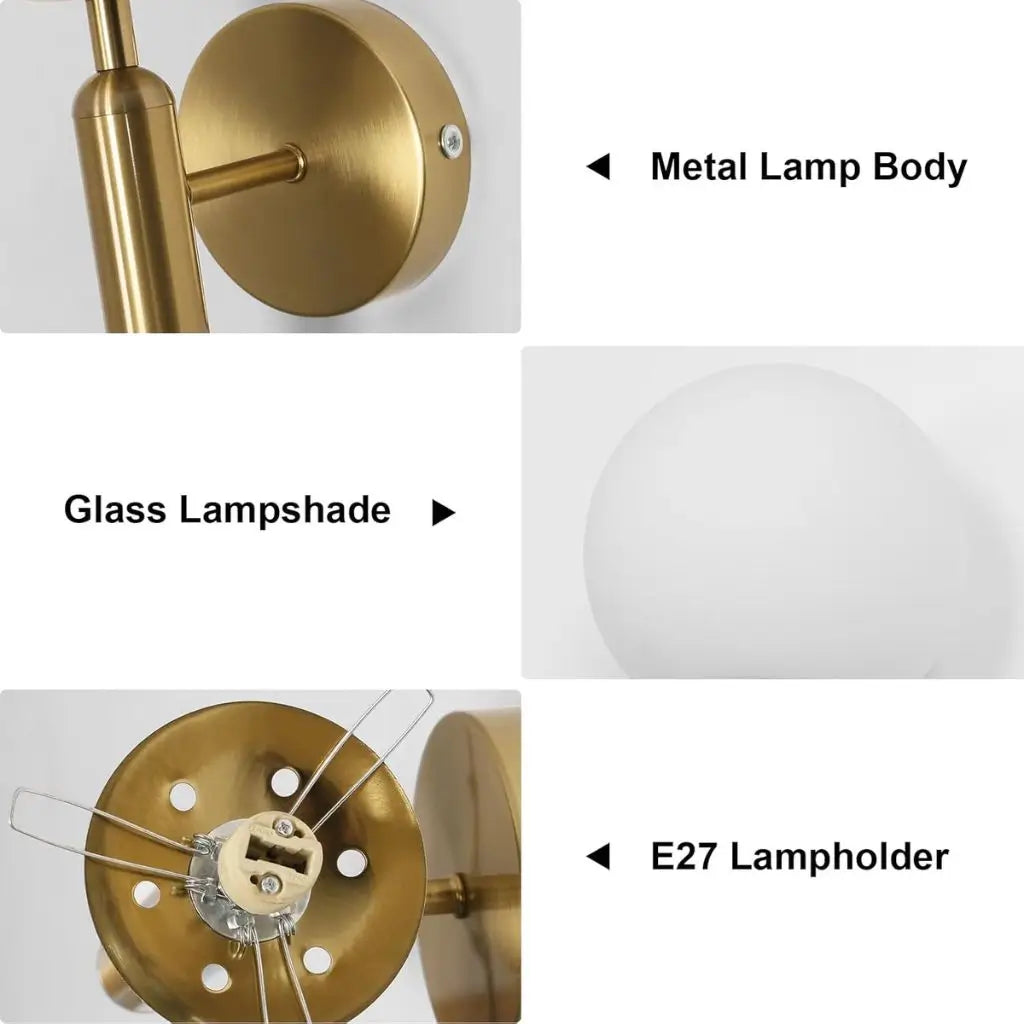 Gold wall sconce parts: metal body, milky glass shade, E27 lamp holder