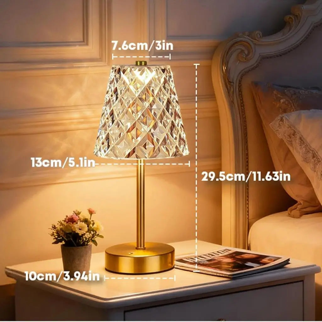 Rechargeable cordless table lamp with faceted glass shade and gold stand base