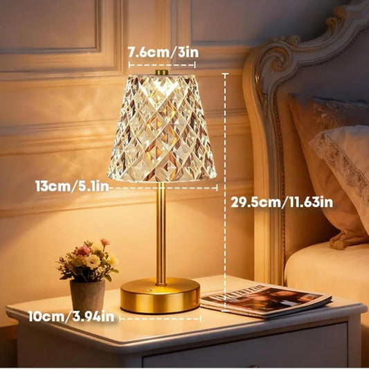 Rechargeable cordless table lamp with faceted glass shade and gold stand base