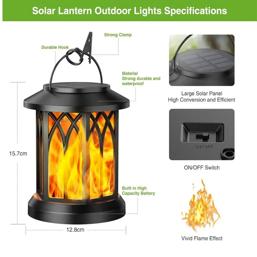 Black solar flame lantern with top hook, large solar panel, built-in battery, waterproof design