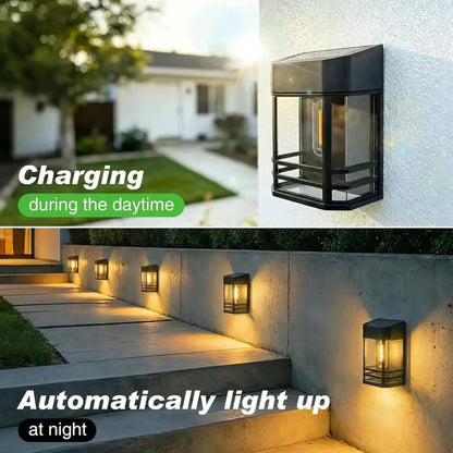 Solar outdoor wall lantern light, black fixture with warm white glow and top solar panel