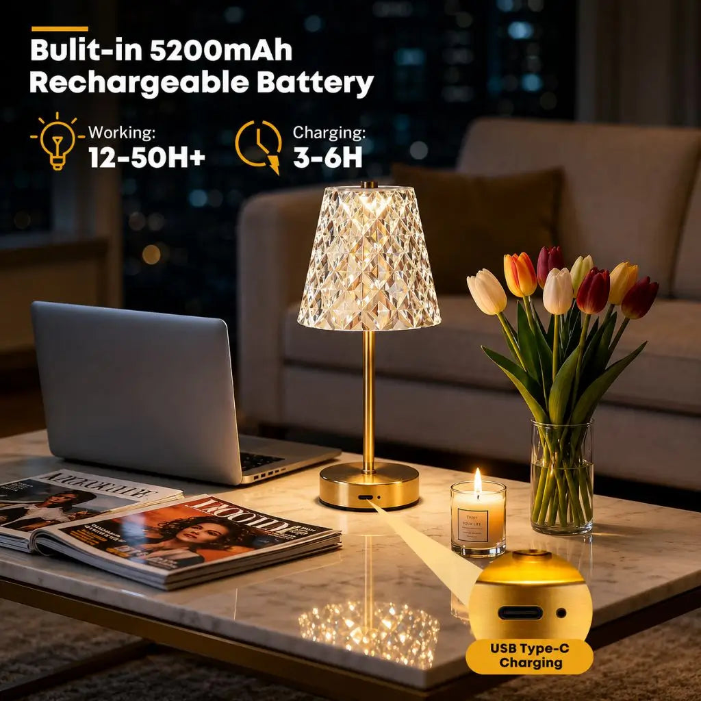 Rechargeable table lamp with faceted shade, gold base, USB-C charging, warm glow