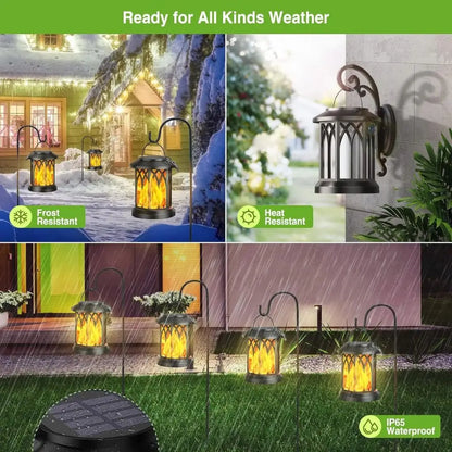 Black solar lantern lights with flickering flame effect, weatherproof outdoor garden set