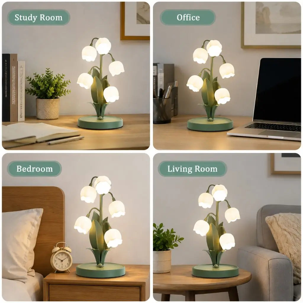 Green flower table lamp with five glass shades styled on side table in room scenes