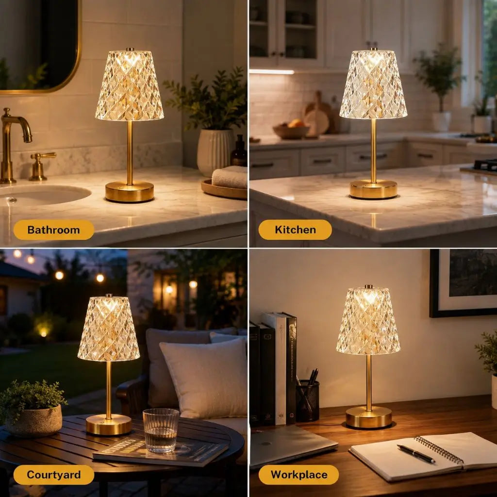 Rechargeable portable table lamp with faceted shade and gold base for bedside or desk