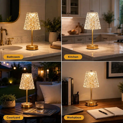 Rechargeable portable table lamp with faceted shade and gold base for bedside or desk
