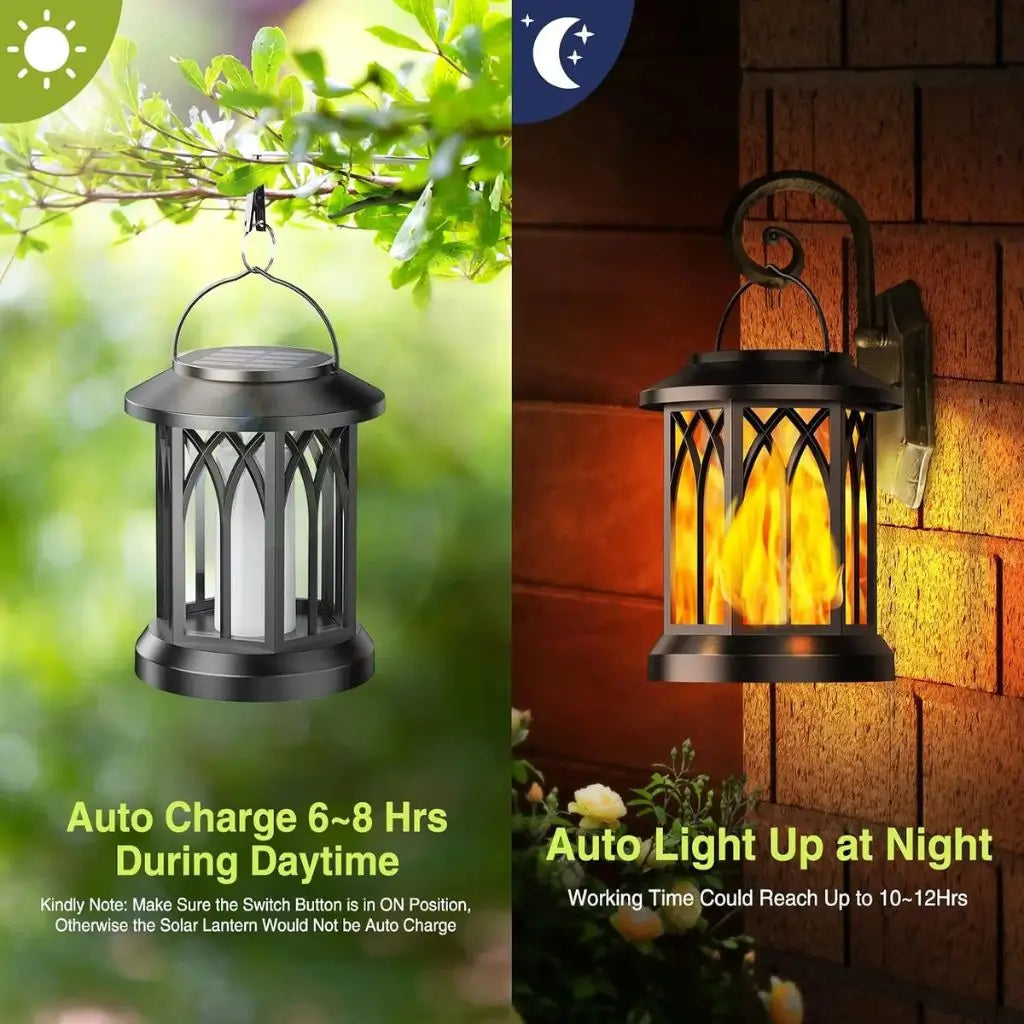 Black solar hanging lantern with flickering flame LED, designed for auto light at night