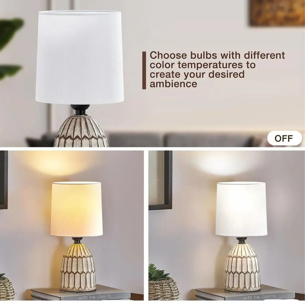 Ceramic table lamp with white fabric shade and patterned gold base, off and on