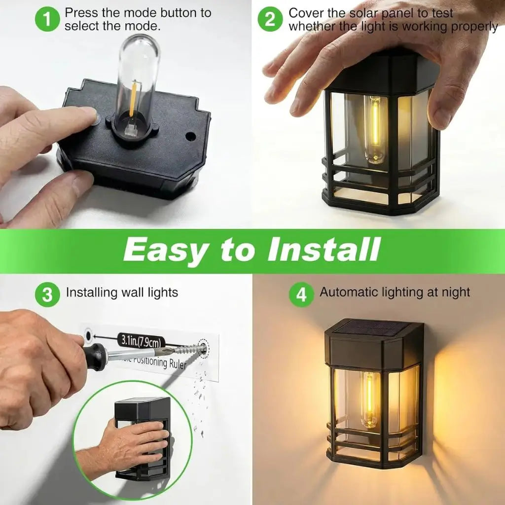 Solar lantern light, black base with visible solar panel and mode button for installation