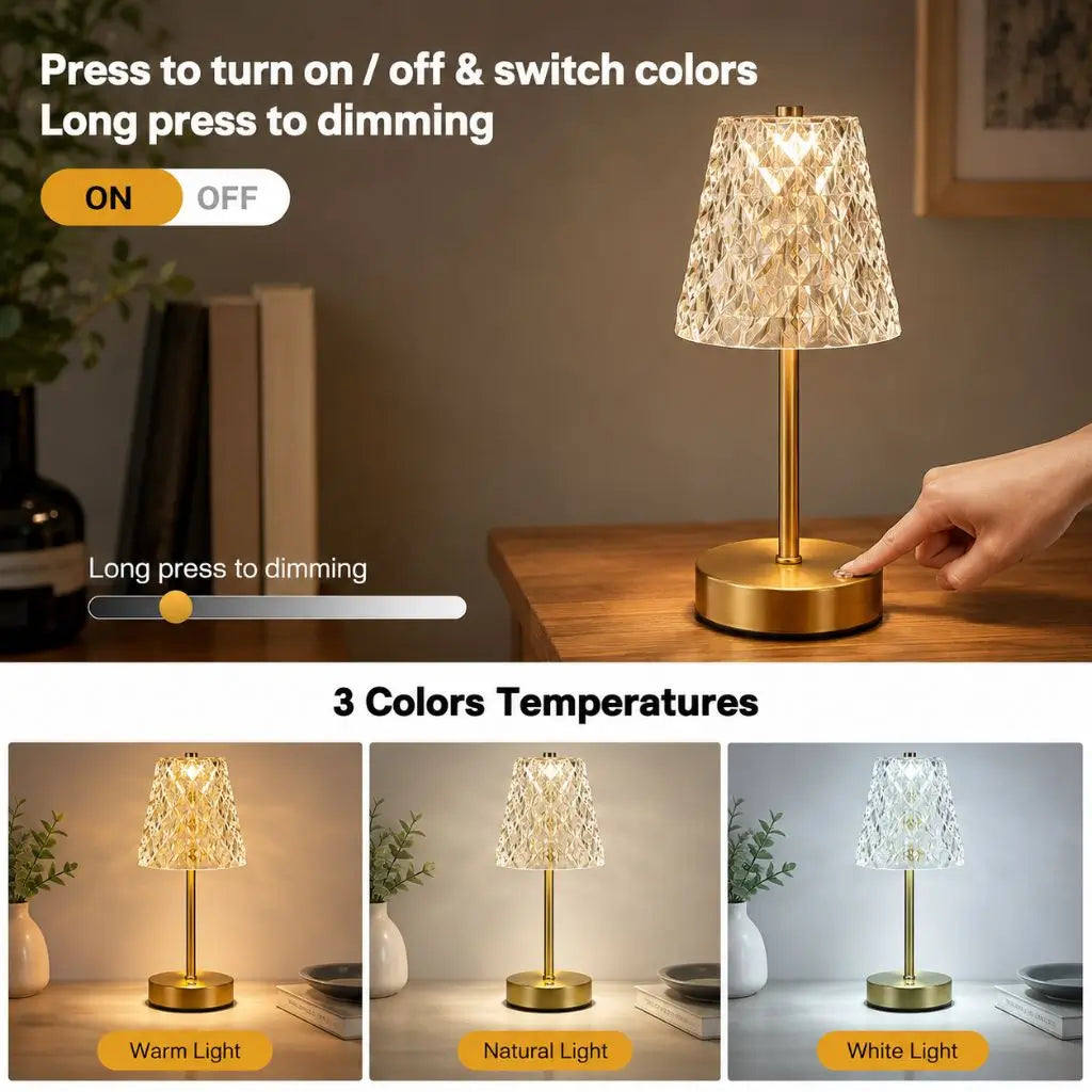 Rechargeable table lamp with touch on/off and stepless dimming, faceted shade, gold base