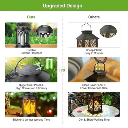 Black solar lantern design comparison image for outdoor flame-effect lights, 2-pack