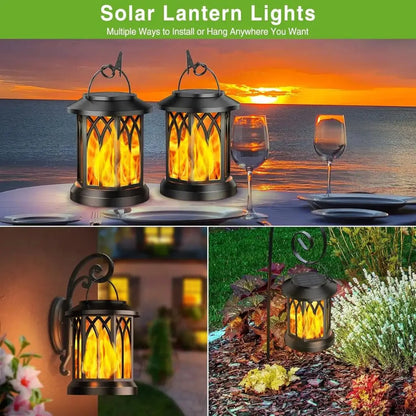 Two black solar lantern lights with flickering flame effect, hanging hooks, outdoor decor