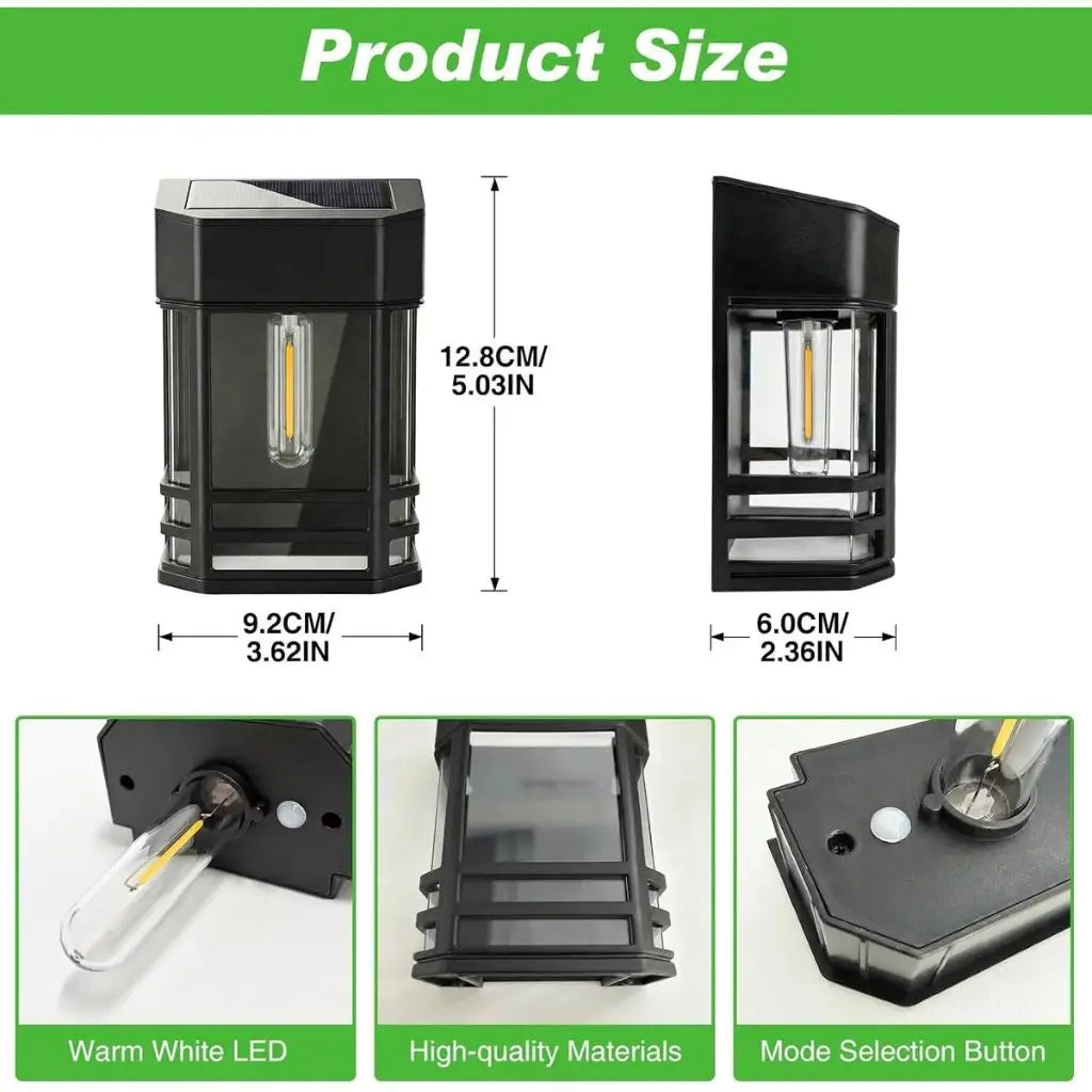Solar fence lantern light, black housing with warm-white LED and clear glass panel