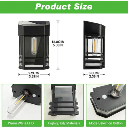 Solar fence lantern light, black housing with warm-white LED and clear glass panel