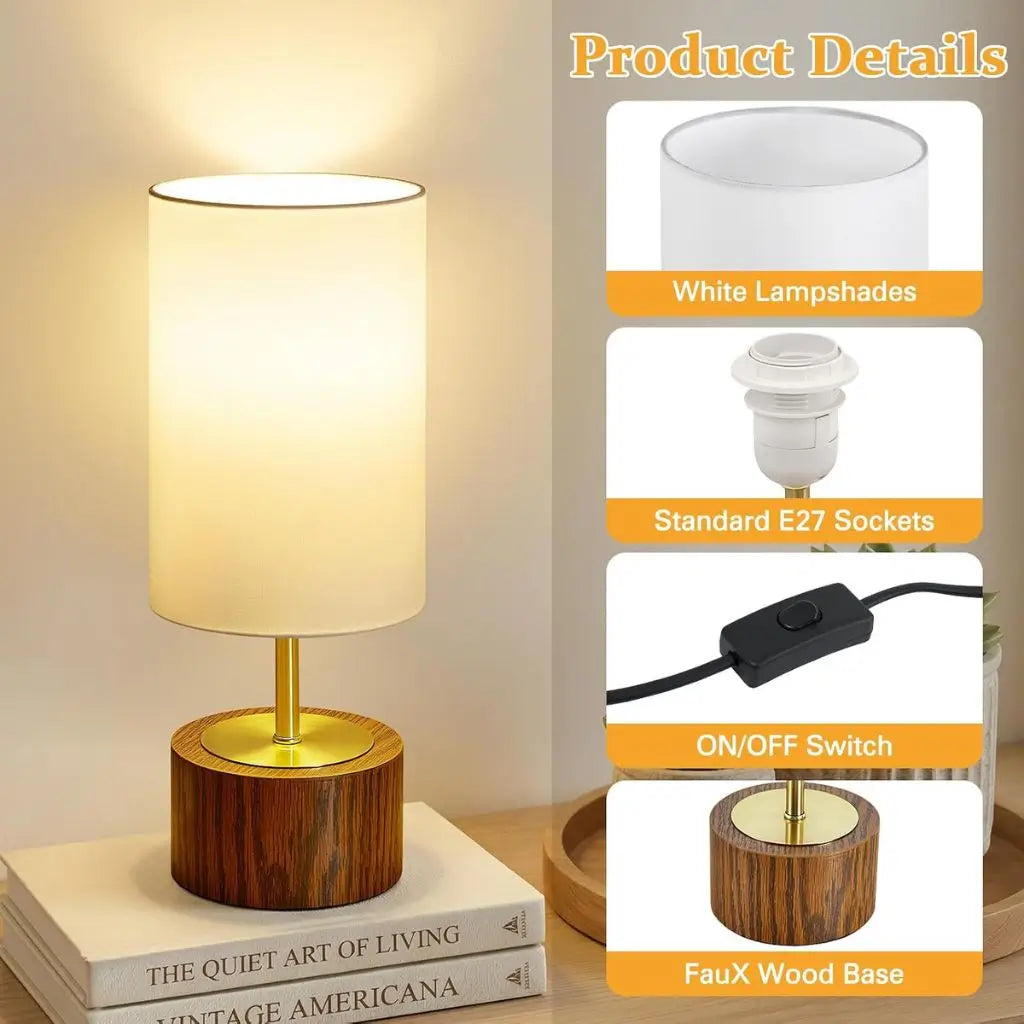 Small table lamp with white fabric shade, faux wood base, and on-off switch cable