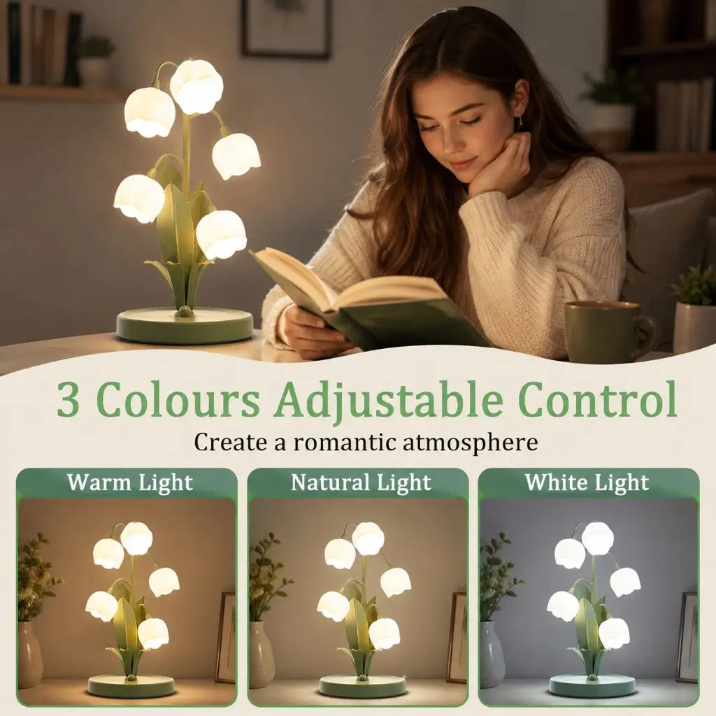 Green flower table lamp with five glass shades, three adjustable light color modes