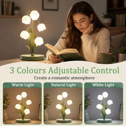 Green flower table lamp with five glass shades, three adjustable light color modes