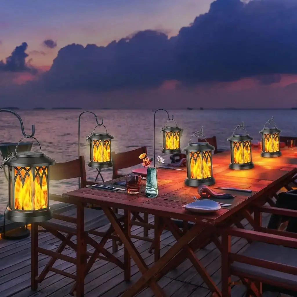 Black solar hanging lanterns with flickering flame LED, 2-pack outdoor garden lights
