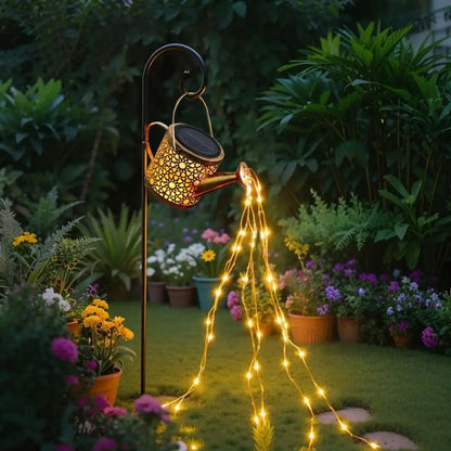 Hanging solar watering can lantern light with warm white fairy string lights in yard