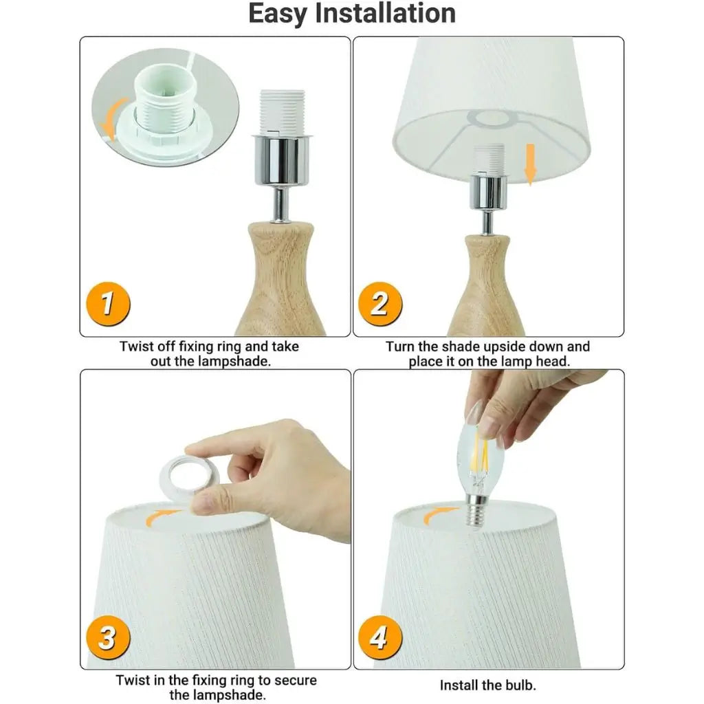 Wooden table lamp with white fabric shade, showing bulb installation steps