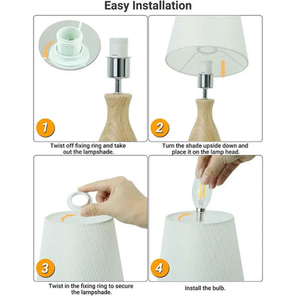 Wooden table lamp with white fabric shade, showing bulb installation steps