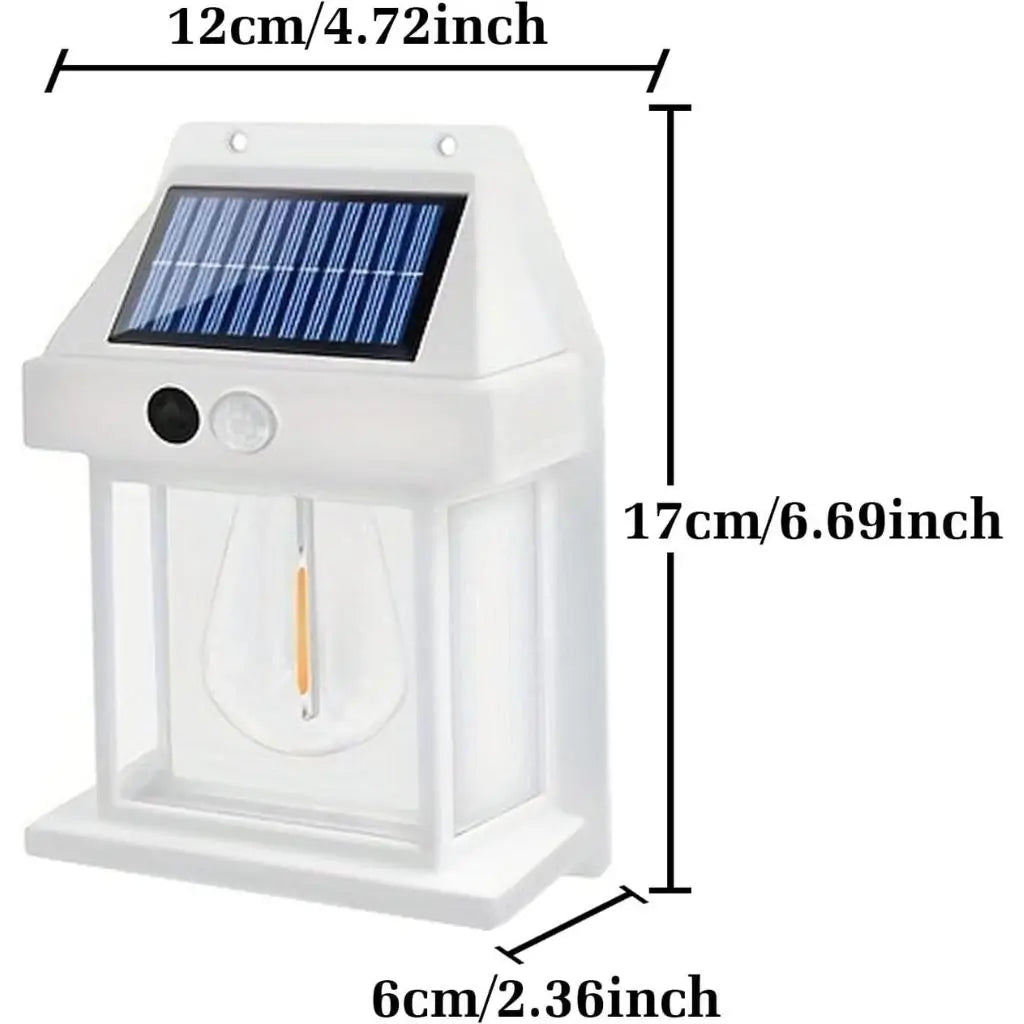 White solar-powered fence wall light, showing size dimensions on front