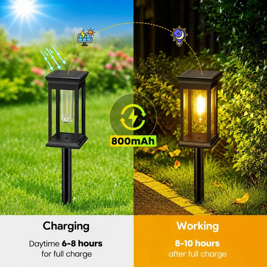 Pair of black solar pathway lantern lights emitting warm white light