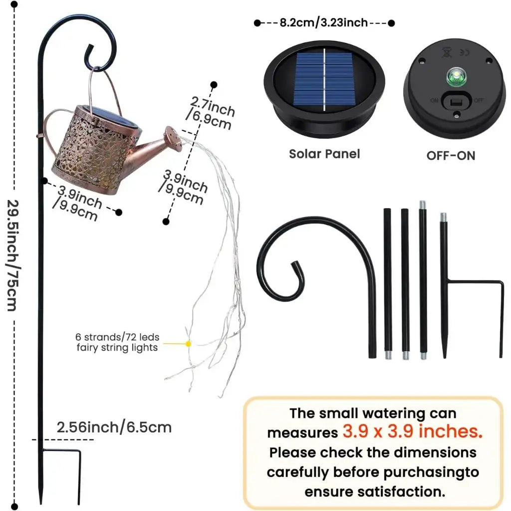 Solar watering can lantern light set diagram showing solar panel, switch, stake and cords