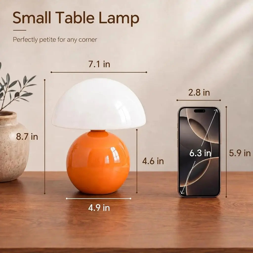 Small orange ceramic mushroom lamp with frosted glass dome shade, compact size