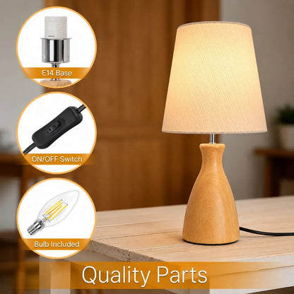 Wooden table lamp with white fabric shade and E14 socket area