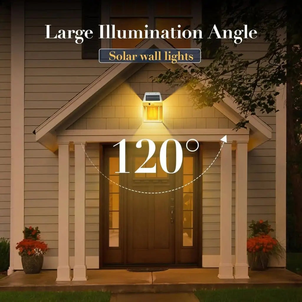 Solar-powered wall light casting warm glow above a porch entrance