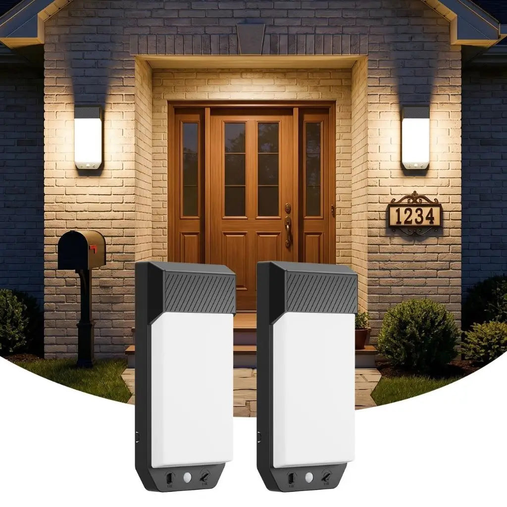 Outdoor motion sensor wall lights, black pair with frosted white lamp panels