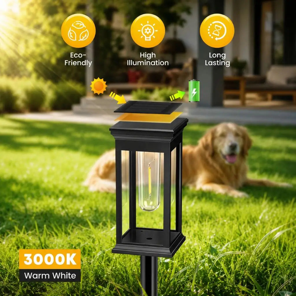Black solar garden lantern light on green grass with warm white glow