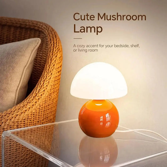 Cute mushroom table lamp with orange ceramic base and white frosted glass shade