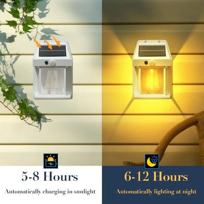 White solar fence wall light with glowing lamp window, close-up on outdoor siding