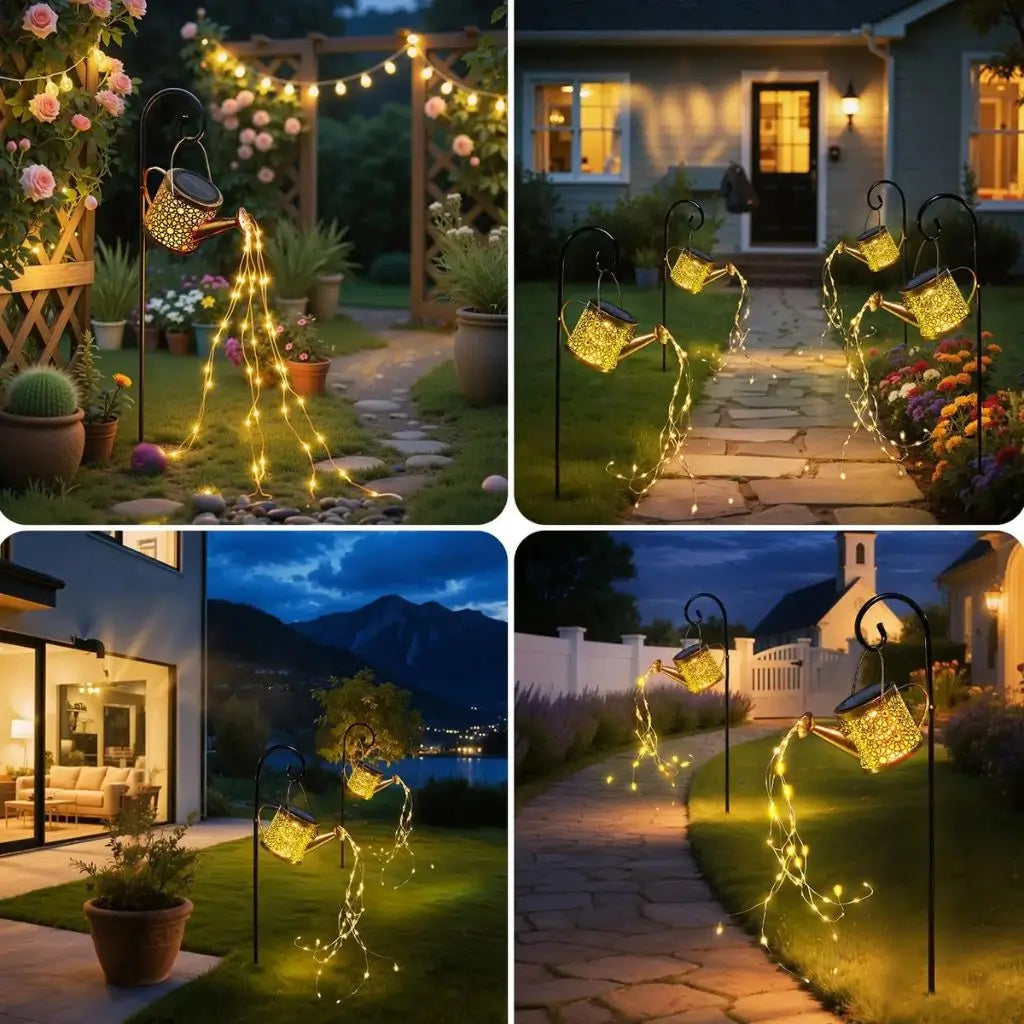Solar watering can lantern light set with warm white fairy strings on yard stakes