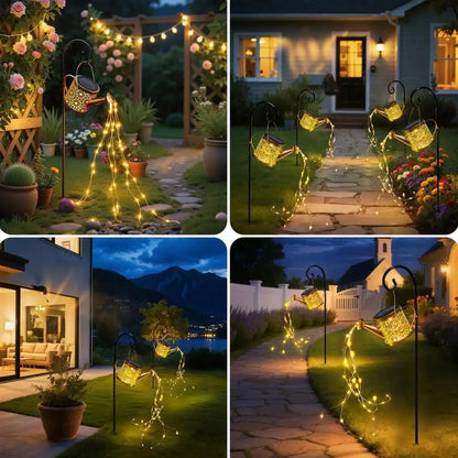 Solar watering can lantern light set with warm white fairy strings on yard stakes