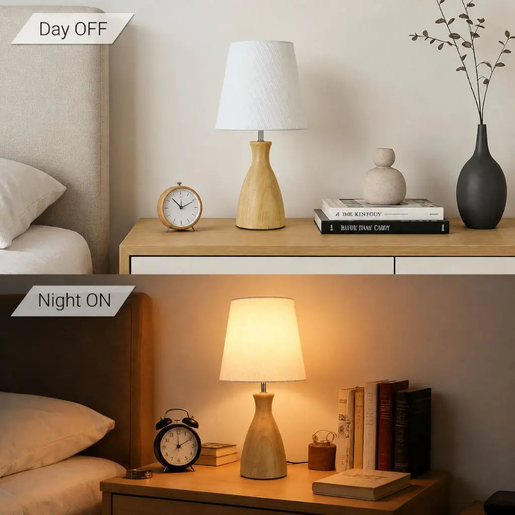 Wooden bedside table lamp with white fabric shade on a nightstand