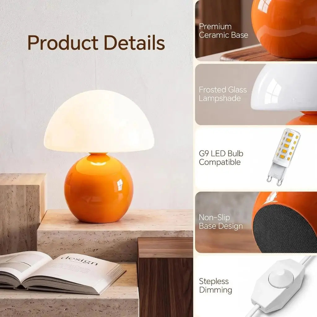 Orange ceramic mushroom table lamp with frosted glass shade on small desk