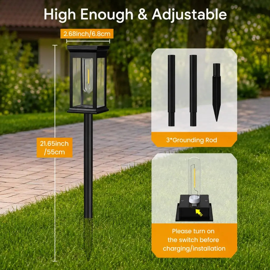 Outdoor solar garden lantern light with black post, warm white glow, adjustable top