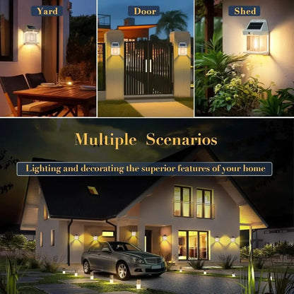 Solar-powered fence wall light with warm white glow, mounted on outdoor wall