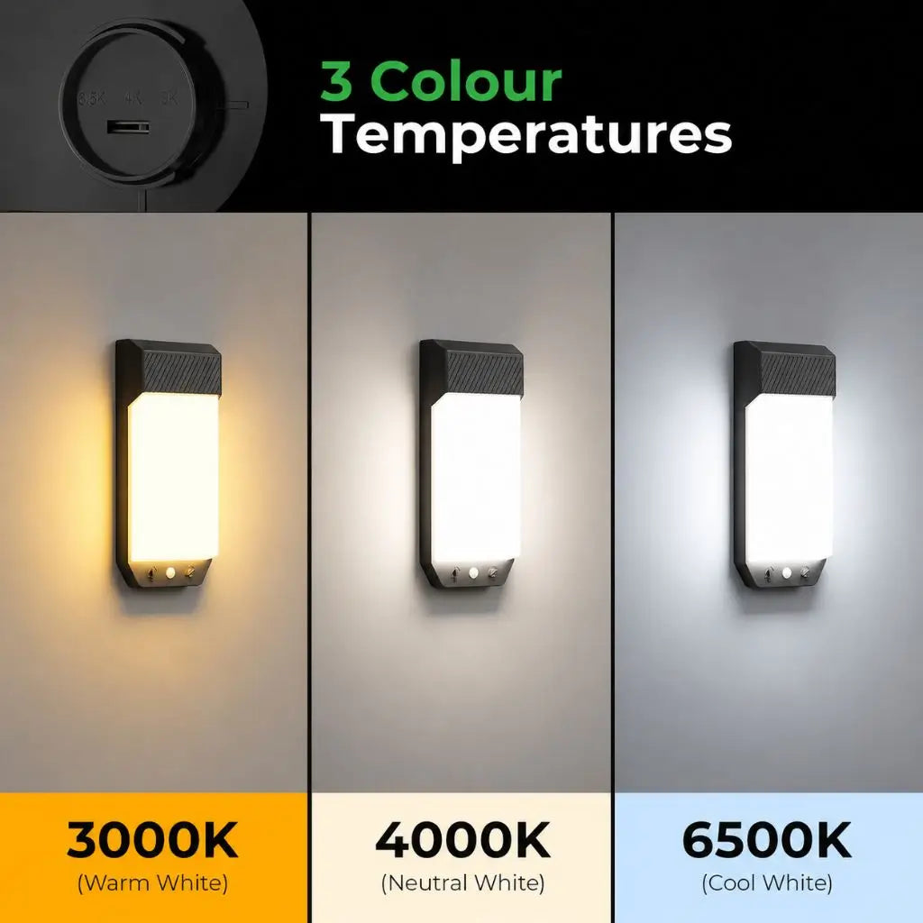 Outdoor wall light with motion sensor, black sconce, three selectable color temperatures
