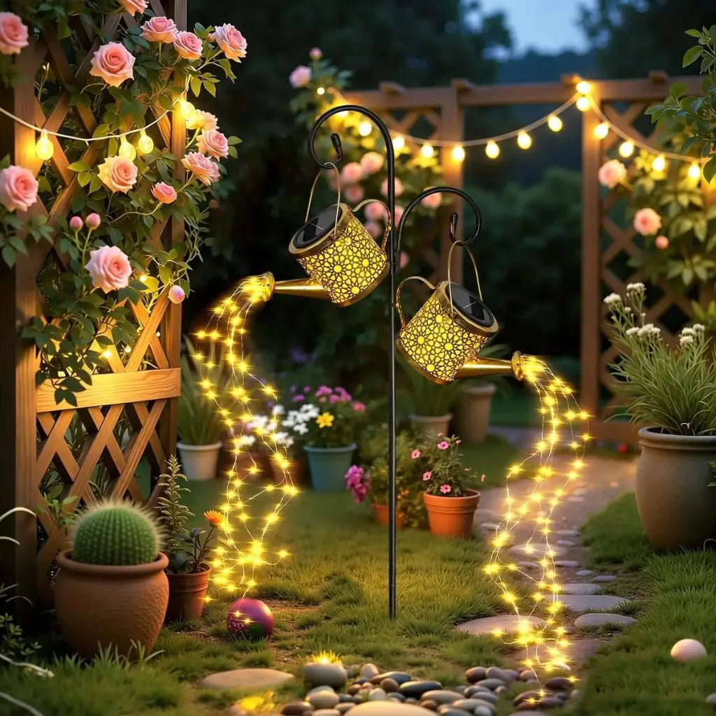 Solar watering can lantern light with warm white fairy string glow among garden flowers