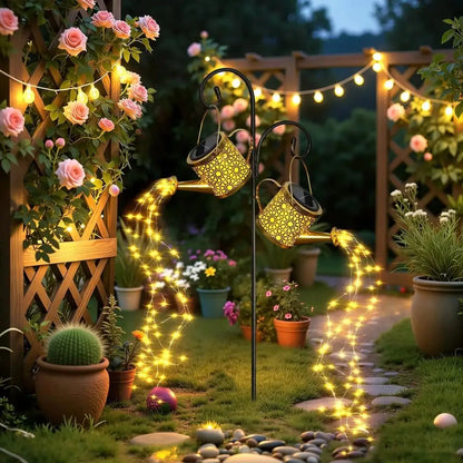 Solar watering can lantern light with warm white fairy string glow among garden flowers
