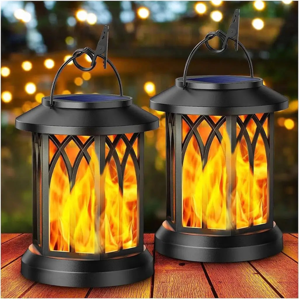 Pair of black standing solar lanterns with flickering flame LED, outdoor path patio lights