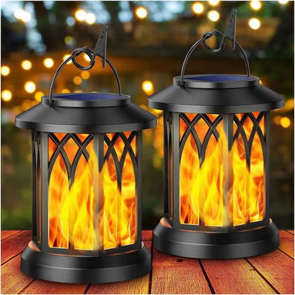 Pair of black standing solar lanterns with flickering flame LED, outdoor path patio lights